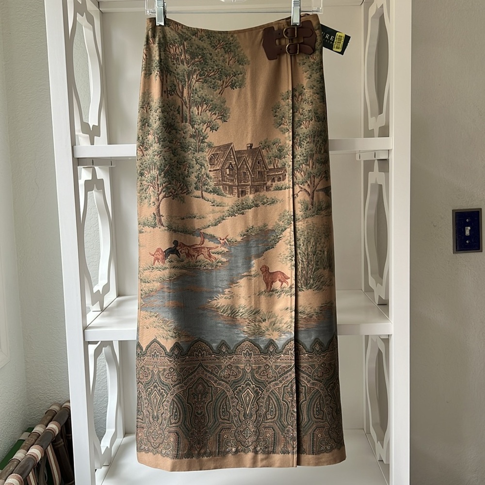 Ralph Lauren Fox Hunt Balmoral Country Scene Chestnut Brown Wool Wrap Skirt Sz 4